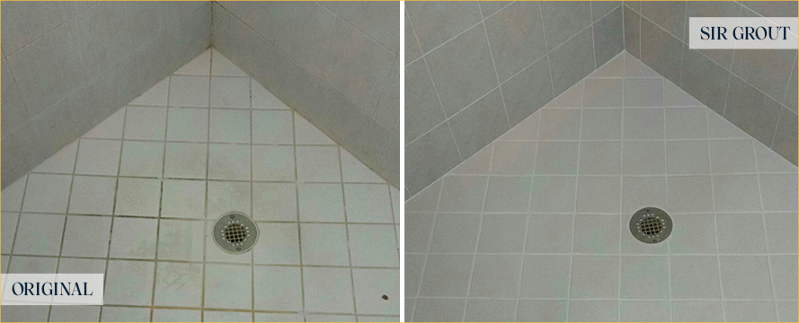 Shower Floor Before and After Our Westfield Grout Recoloring Service