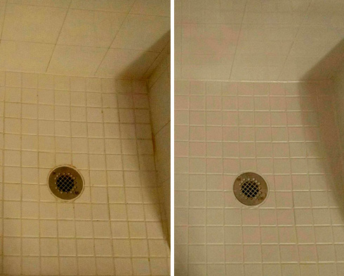 Shower Floor Before and After Our Noblesville Tile Cleaning Service