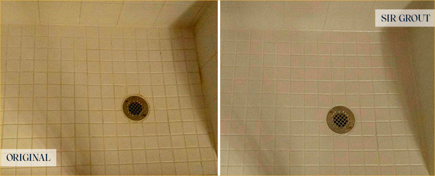 Shower Floor Before and After Our Noblesville Tile Cleaning Service