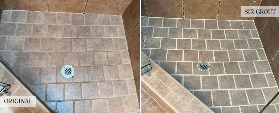 Shower Floor Before and After Our Indianapolis Grout Cleaning Service