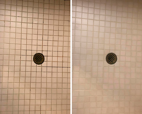 Shower Floor Before and After Our Noblesville Grout Cleaning Service