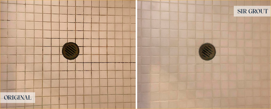 Shower Floor Before and After Our Noblesville Grout Cleaning Service