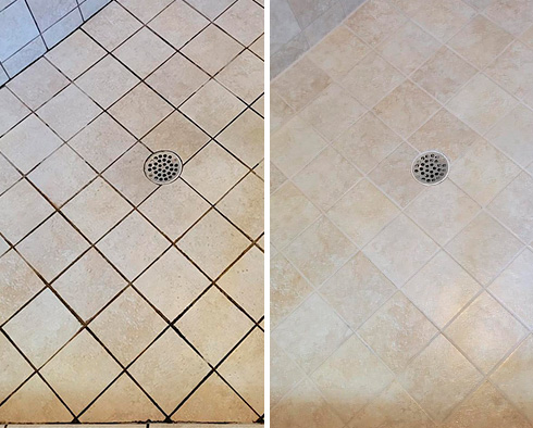 Shower Before and After Our Carmel Grout Recoloring Service