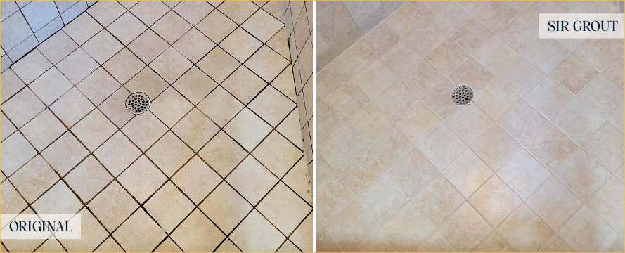 Shower Before and After Our Carmel Grout Recoloring Service