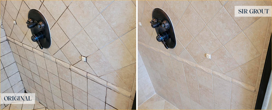 Shower Walls Before and After Our Carmel Grout Recoloring Service