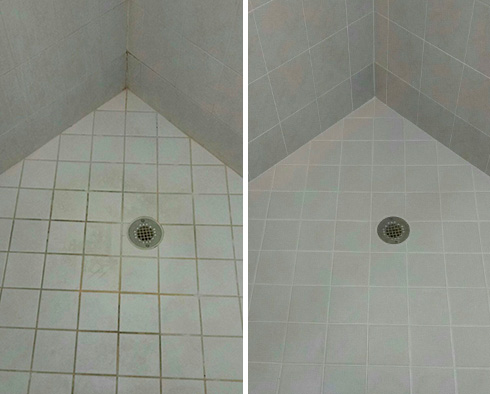 Shower Floor Before and After Our Fishers Grout Recoloring Service