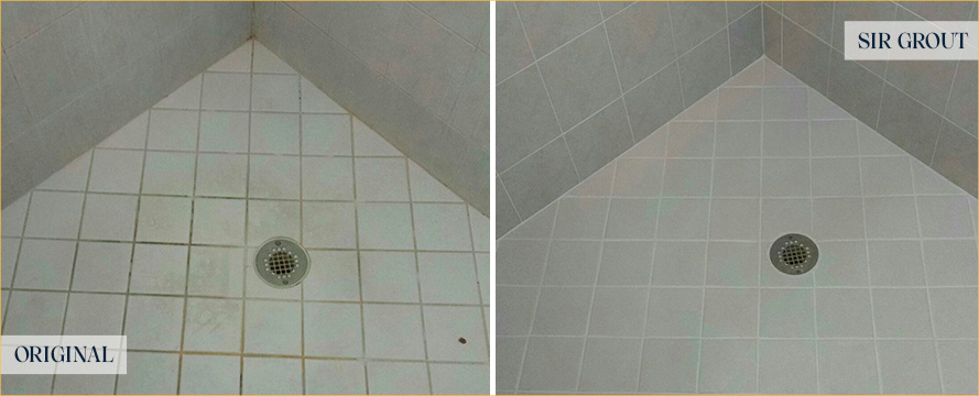 Shower Floor Before and After Our Fishers Grout Recoloring Service