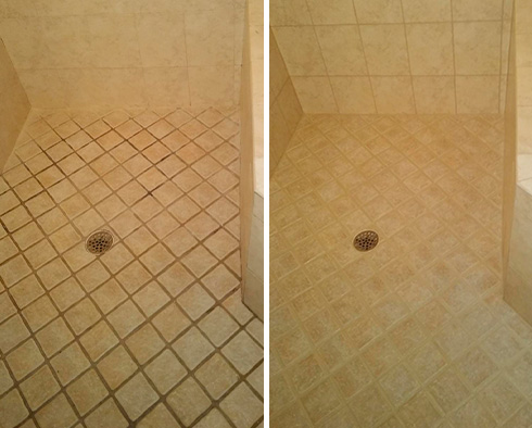 Shower Floor Before and After Our New Palestine Tile and Grout Cleaners
