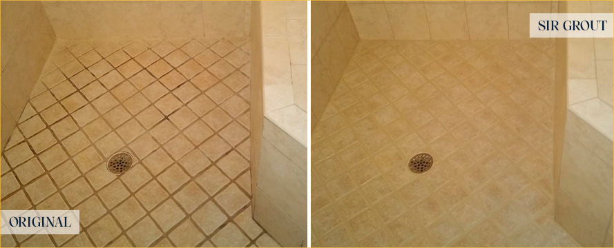 Shower Floor Before and After Our New Palestine Tile and Grout Cleaners