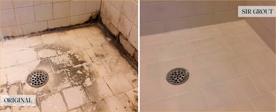Shower Floor Before and After Our Indianapolis Tile and Grout Cleaners Work