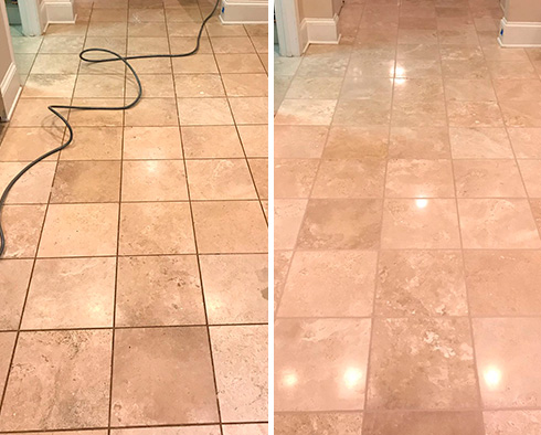 Kitchen Stone Floor Before and After Our Carmel Stone Cleaning Service