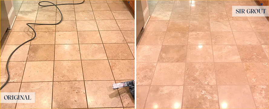Kitchen Stone Floor Before and After Our Carmel Stone Cleaning Service